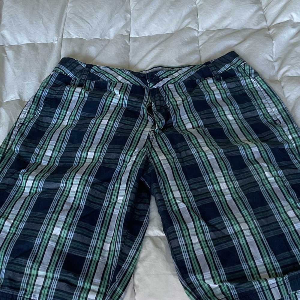 Sean John Green and Blue Plaid Men's Flat Front Shorts